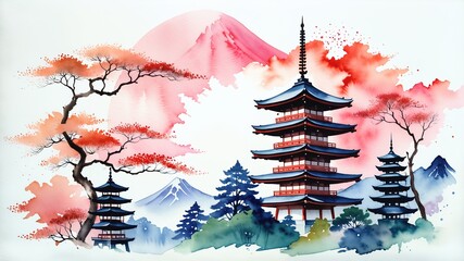 japan landmark,vintage watercolor style.