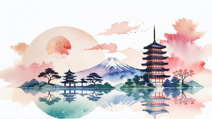 japan landmark,vintage watercolor style.