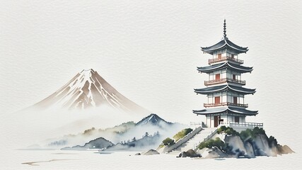 japan landmark,vintage watercolor style.