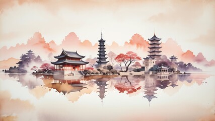 japan landmark,vintage watercolor style.