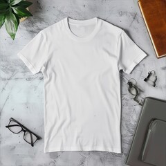 Gildan 64000 adult white t shirt flatlay mockup, mild texture, no graphic, clean comfort color Background , Aerial View, generative ai