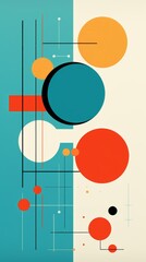 Abstract geometric pattern with circular shapes, lines, and dots on a teal and beige background