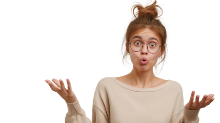 cute woman surprised with wow expression isolated on transparency background