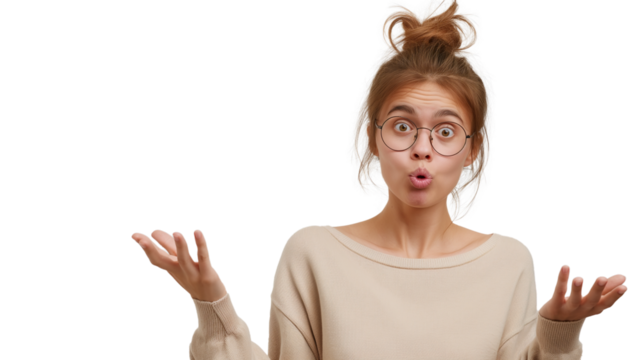 cute woman surprised with wow expression isolated on transparency background