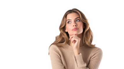 beautiful woman thinking and confused by problem or solution isolated on transparency background