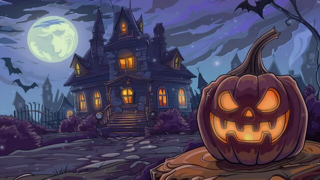 Cartoon Jack o Lantern in Front of a Haunted House
