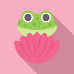 Green frog is sitting on a pink lotus flower, flat design icon