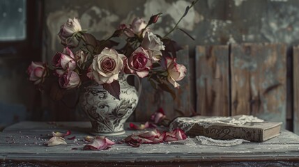 Fototapeta premium A photograph of a bouquet of wilted roses in a vintage vase, with petals falling and stems drooping. 