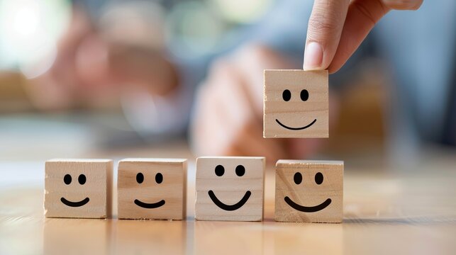 A set of wooden blocks featuring aligned faces all displaying a happy emotion; they represent unity, positivity, and the importance of shared joyful experiences.