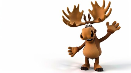 This image features an animated moose character waving hello warmly. The character has a big smile and seems very friendly, set against a clean white background.