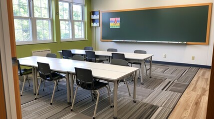 A classroom with a blackboard and a green wall