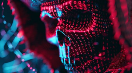 A digitally created skull with vibrant red and blue binary code overlay, symbolizing cyber threats, data hacking, or the fusion of human and digital worlds.
