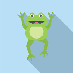Cartoon illustration of a happy green frog raising his legs and smiling, perfect for children's books or nature themed designs