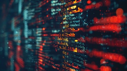 A visually engaging image of abstract digital code lines in vibrant colors set against a dark background, highlighting themes of data streams and modern technological interfaces.