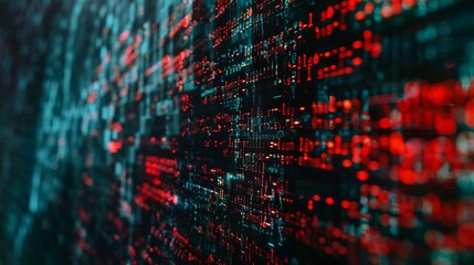A close-up abstract image showcasing red and blue digital code lines on a dark background, symbolizing data flow and technological advancement in the cyber world.