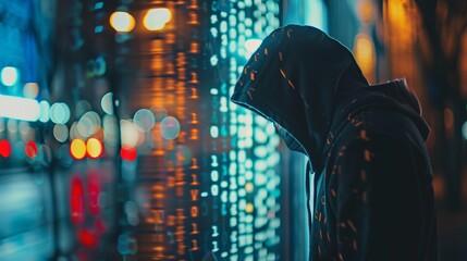 A person in a hoodie stands with reflections of digital code, illuminated by city lights at night, symbolizing cybercrime, digital anonymity, and the modern tech world.