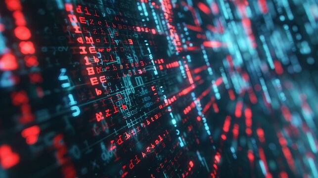 A visually captivating abstract image of red and blue digital code lines on a dark background, representing the cyber world and technological advancement in data processing.