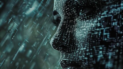 A detailed close-up of a human-like face integrated into the digital realm with binary code and abstract geometric elements forming the structure.