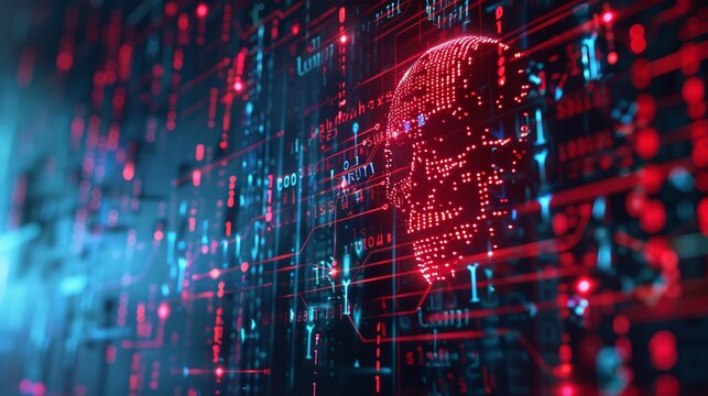A red-themed representation of a skull made up of digital codes and abstract grids, symbolizing the fusion of life and digital technology in a grid-based landscape.