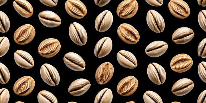 Seamless pattern with cowrie shells on black background, cowrie, shells, black, texture, design, exotic, marine, ocean