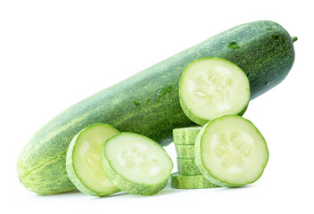 Front view of green cucumber with slices or pieces in stack isolated on white background with...