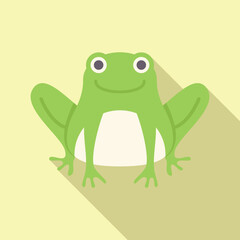 Happy, smiling, green frog sitting with a long shadow on a light green background