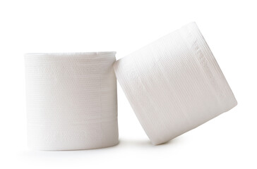 Front view of white tissue paper rolls in stack isolated on white background with clipping path