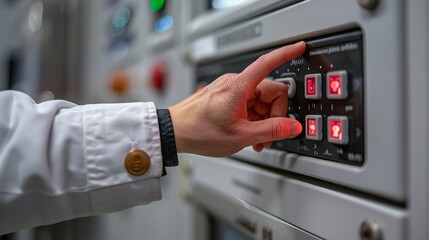 Patient's Hand Pressing Medical Control Panel