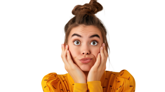 cute woman surprised with awkward expression, hands on her face isolated on transparency background