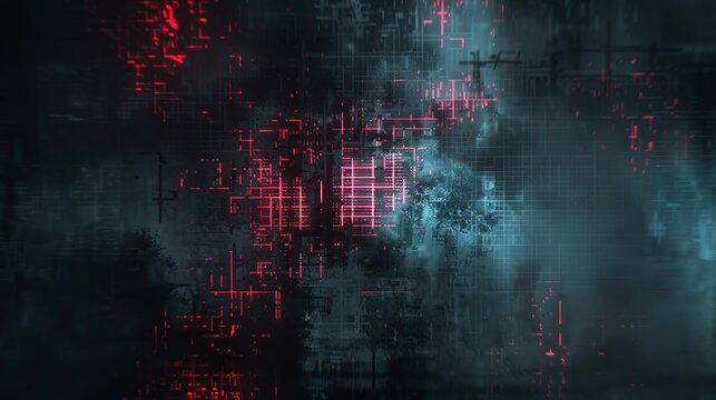 The image shows a red and blue abstract digital background filled with grids and glowing elements, possibly representing data communication or cyber infrastructure.
