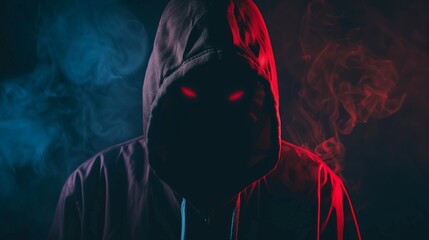 Image of a hooded figure with glowing red eyes standing against a smoky dark background. The contrasting red and blue lighting adds a sense of mystery and danger.