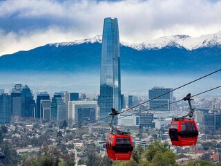 Santiago, Chile. Metropolitan Park cable car and the city of Santiado in the background