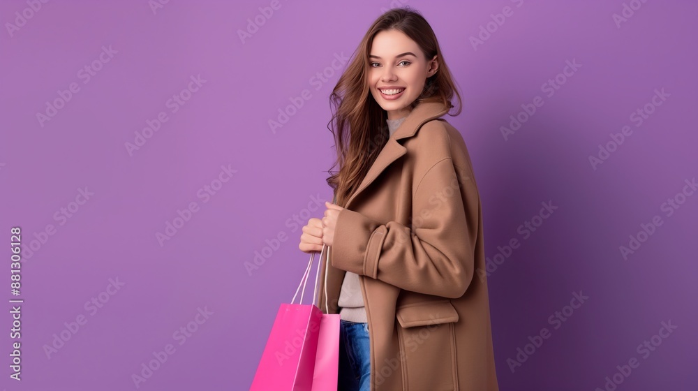 Wall mural attractive smiling woman holding shopping bags on a purple background