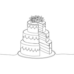 Continuous one line drawing of cut wedding cake. Concept for cafe, bakery, restaurant. Simple  vector illustration