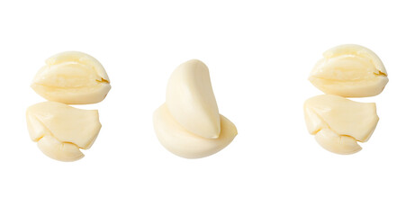 Top view set of peeled pounded garlic cloves isolated on white background with clipping path