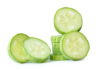 Front view of green cucumber slices or pieces in stack isolated on white background with clipping...