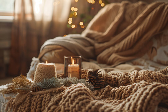 Ambiente aconchegante com decora&ccedil;&atilde;o r&uacute;stica e ilumina&ccedil;&atilde;o suave criado com IA generativa, destacando mantas, velas e flores secas