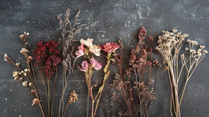 Arrangement of dried flowers on vintage chalkboard for romantic Valentine theme