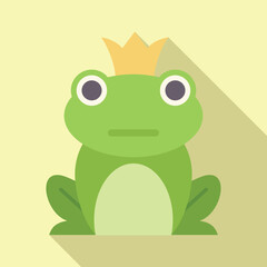 Green frog wearing a golden crown is sitting and looking forward