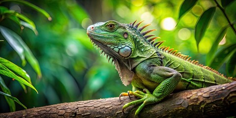 Obraz premium Green iguana perched on a tree branch in the jungle, green iguana, reptile, lizard, tropical, wildlife, nature, jungle, exotic