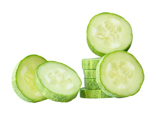 Front view of green cucumber slices or pieces in stack is isolated with clipping path in png file...