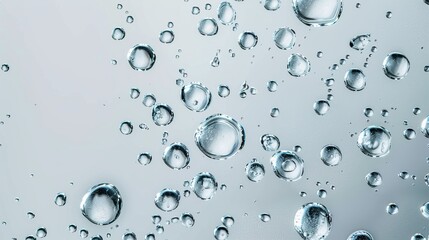 A macro shot showcasing the intricate details of water bubbles arranged on a light background, focusing on their transparency and the play of light within each drop.
