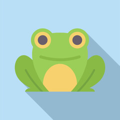 Illustration of a green smiling frog sitting with long shadow on a blue background