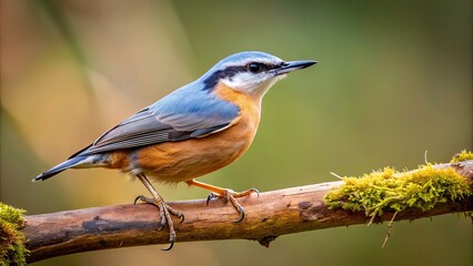 Naklejka premium Eurasian Nuthatch perched on a tree branch in a woodland setting, bird, wildlife, nature, Eurasia, small, colorful, outdoors