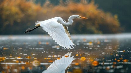 A white bird with a long beak is flying over a body of water.