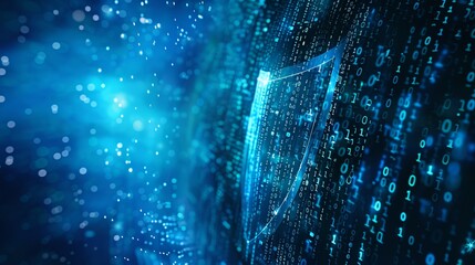 An artistic representation of a cybersecurity concept, featuring a digital shield and flowing data streams against a high-tech blue background.