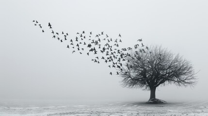 Fototapeta premium A tree with a flock of birds flying around it. The birds are scattered all over the tree and the sky. Concept of freedom and movement, as the birds seem to be flying in all directions