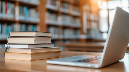 A stack of books is on a table next to a laptop