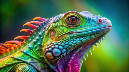 Fototapeta premium Vibrant green iguana with rainbow hues on its scales , exotic, reptile, colorful, scales, tropical, wildlife, vibrant