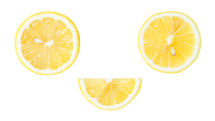 Top view set of yellow lemon halves with slice or quarter isolated with clipping path in png file format